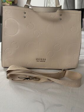 GUESS Beige Embossed Logo Tote with Detachable Strap